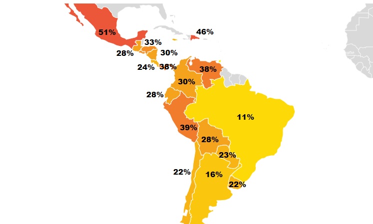 Mapa de los países de Latinoamérica más corruptos.