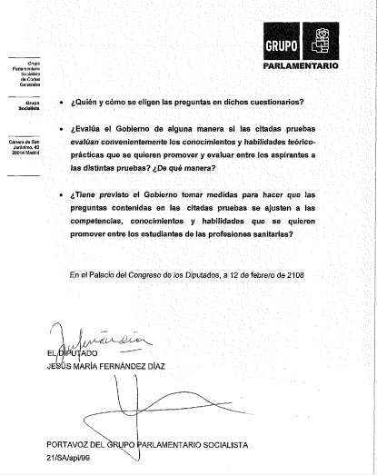 Las preguntas de Jesús María Fernández al Gobierno sobre el examen EIR 2018.