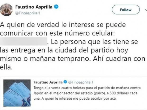 Tweet de Faustino Asprilla ofreciendo cuatro entradas de palco para el partido entre Colombia y Japón por 500 dólares cada uno.