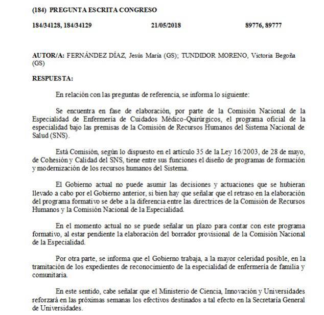 Respuesta del Gobierno español en relación a la incorporación de la especialidad Cuidados Médicos-Quirúrgicos en el EIR.