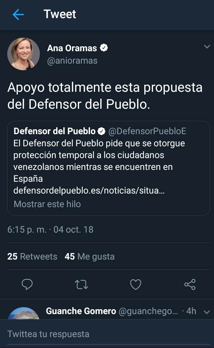 El Tweet de la diputada Ana María Oramas ofreciendo su “apoyo total” a la propuesta planteada por el Defensor del Pueblo.