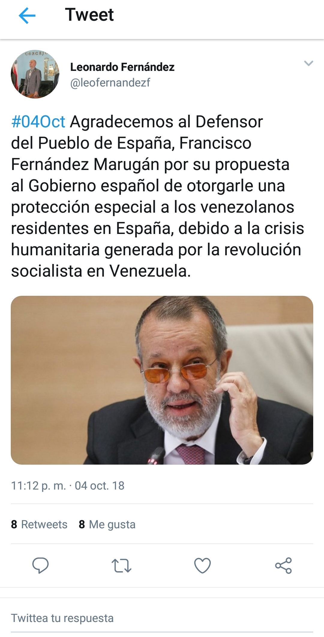 El Tweet del Concejal de Maracaibo, Leonardo Fernández, agradeciéndole al Defensor del Pueblo por su propuesta de otorgar la Protección Temporal a los venezolanos ante el Gobierno Español. 